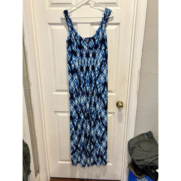 Chaps Womens‎ Maxi Dress Medium Blue White Geo Print Sleeveless Vacation Cruise - Picture 1 of 8